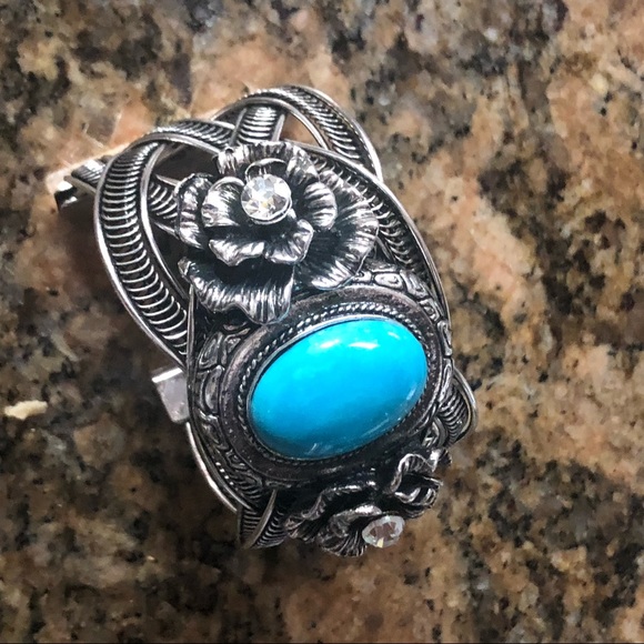 1 LEFT! Turquoise & 18k Silver Rose Cuff Bracelet - Picture 4 of 7